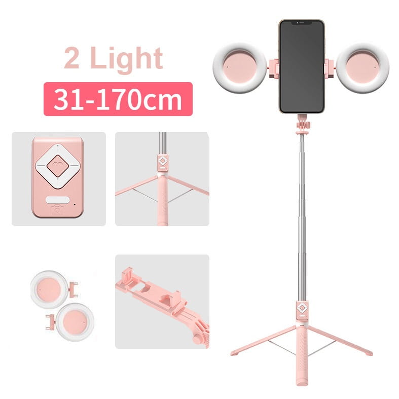 t11 rechargeable black selfie stick in pink with two ring lights, smartphone mount, and adjustable height from 31 to 170 cm.