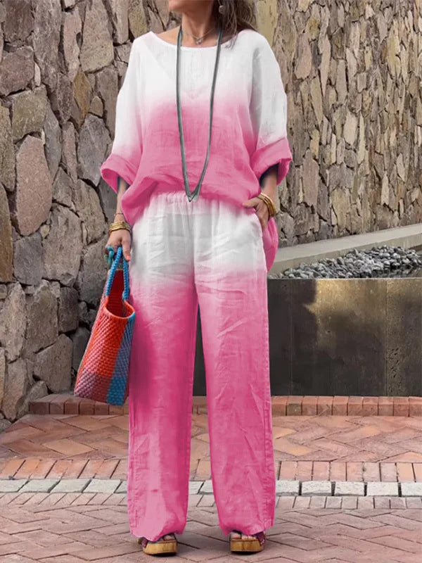 Women's cotton linen gradient two-piece set – Pink