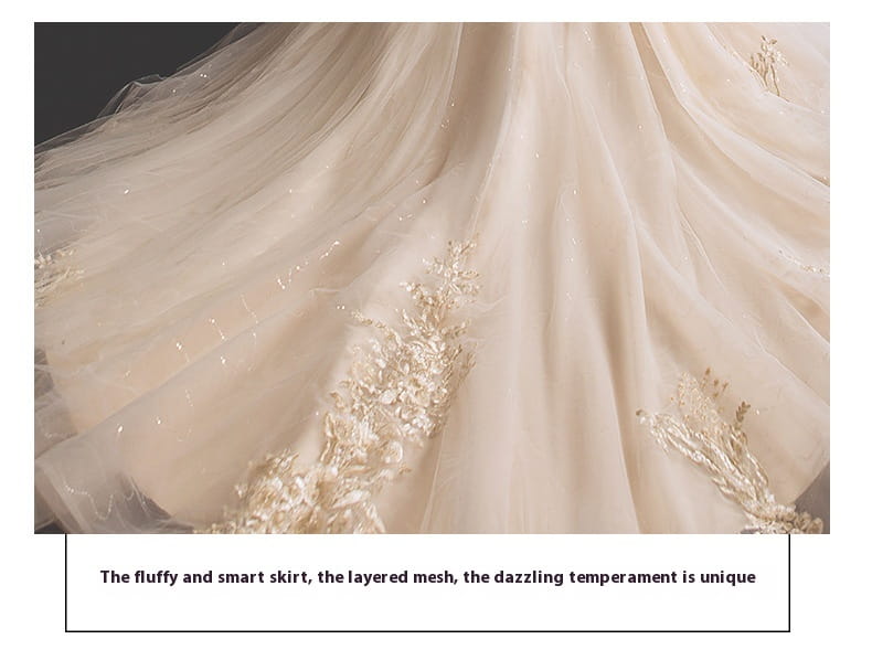 A delicate cream-colored bride summer tube gown skirt featuring layered mesh with intricate gold floral embroidery and subtle sparkle in mori style trailing skirt design.