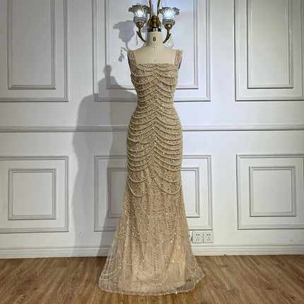 Nude Elegant Sling Light Luxury High-end Pearl Beaded Dress - Royalessencelux