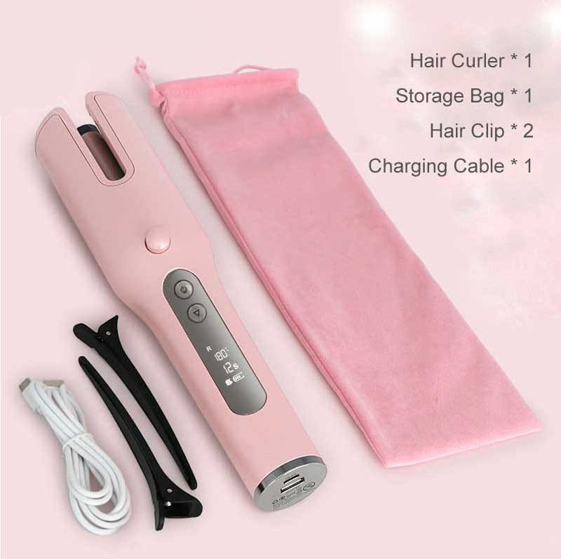 pink wireless automatic curler with usb lcd screen featuring a digital display and silver accents accompanied by black hair clips and accessories