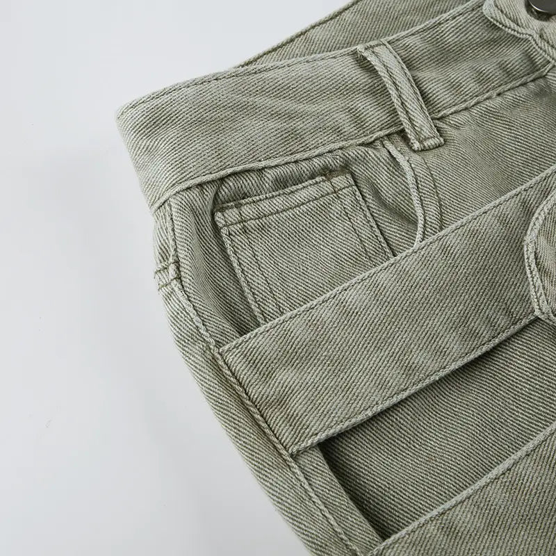 olive green denim shorts with cargo pocket design featuring a jeans double belt and double belt adjustable buckle for customizable fit