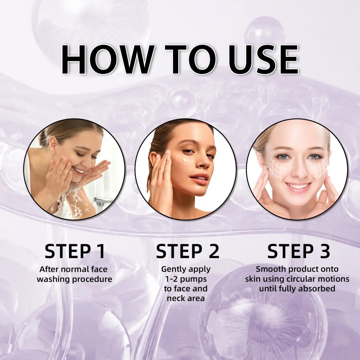 The image shows a three-step instructional guide with circular images demonstrating the application of an anti-aging wrinkle hydrating care solution on the face and neck.