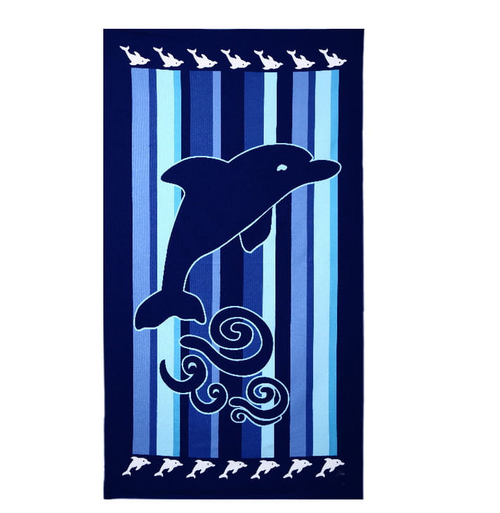 Blue dolphin and fish motif printed beach towel featuring a blue dolphin-themed vertical striped pattern with white dolphin silhouettes along the top and bottom edges.