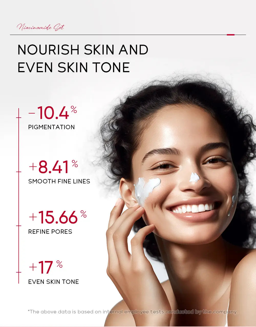 A woman with dark curly hair smiling while applying a white creamy skincare product nicotinamide day 50g moisturizing isolation spf 50 to her face.