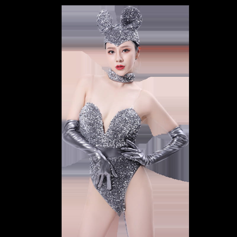 silver sequined mouse bar costume featuring a shiny silver sequined bodysuit with matching mouse-ear headpiece and long metallic gloves