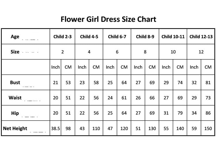 Flower girl dress size chart table displaying measurements in inches and centimeters for pink butterfly lace girls pengpeng skirt for children aged 2 to 13.