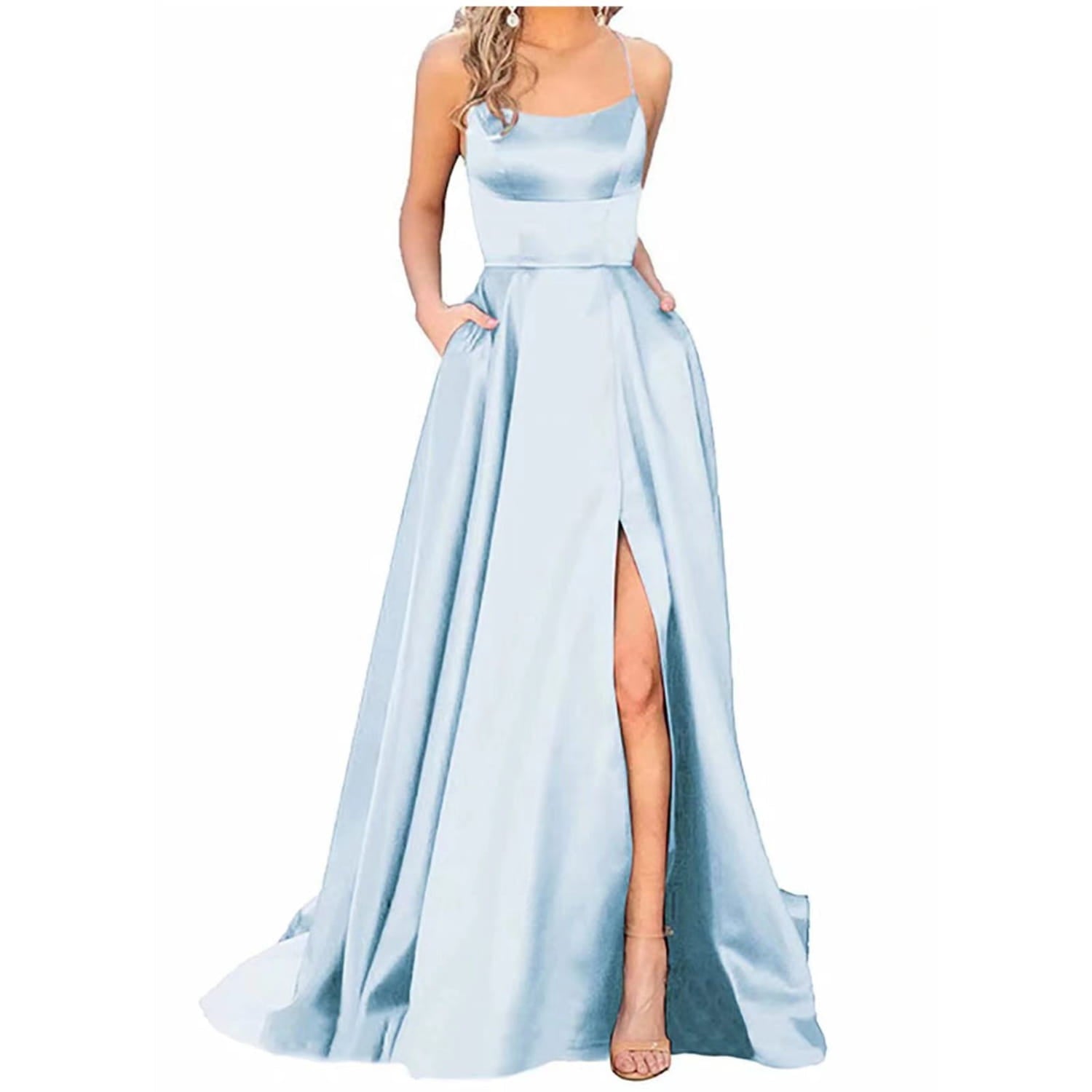 a solid color long light blue satin evening gown with a square neckline thin spaghetti straps and a high slit designed for a color long slimming effect and perfect for shoulder hollow girlfriends events