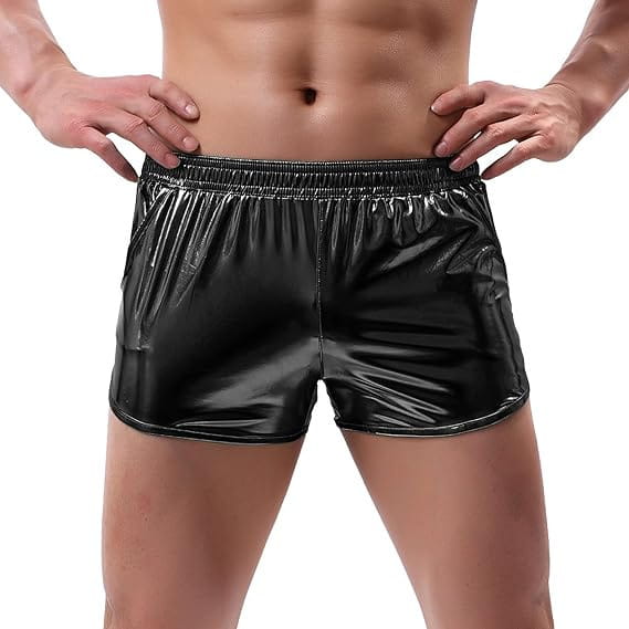 Emerald metallic mens loose casual black shiny faux leather shorts with an elastic waistband for casual trendy shorts.
