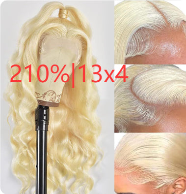 Golden long curly synthetic lace front wig with side bangs – view 8