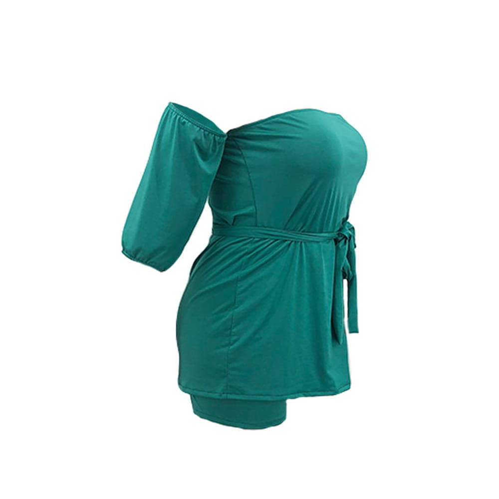 Teal off-the-shoulder one-piece swimsuit with a tied waistband and three-quarter length sleeves designed for plus size ladies offering comfort and style.