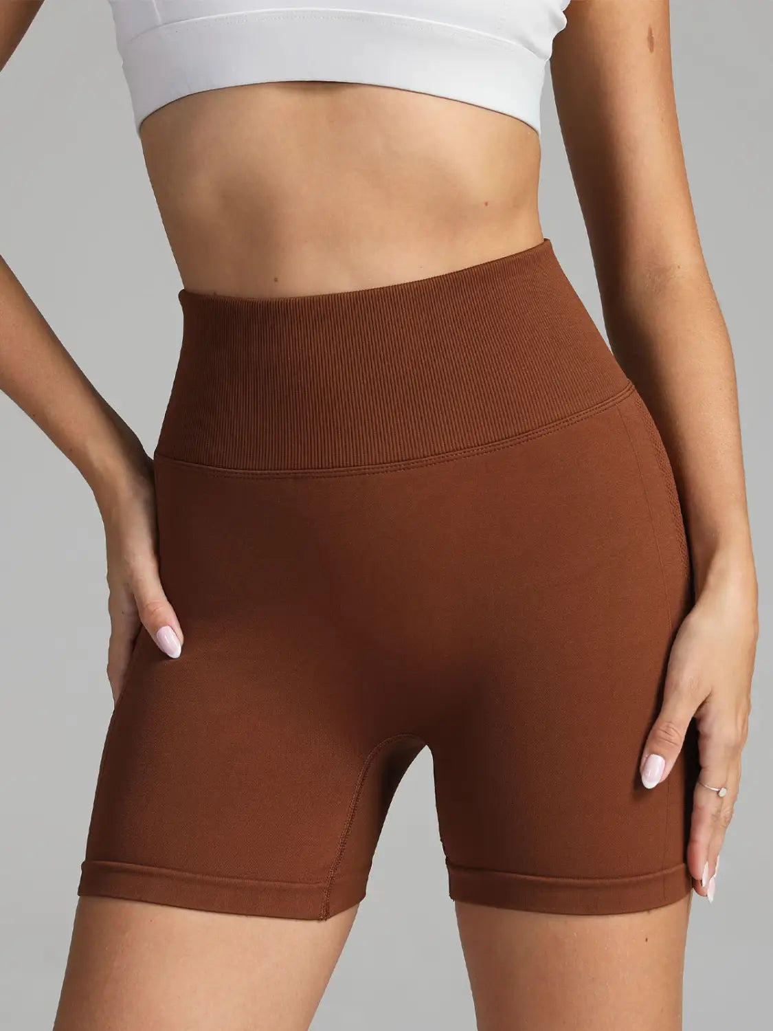 brown solid color seamless yoga shorts women with high-waisted ribbed waistband and seamless construction