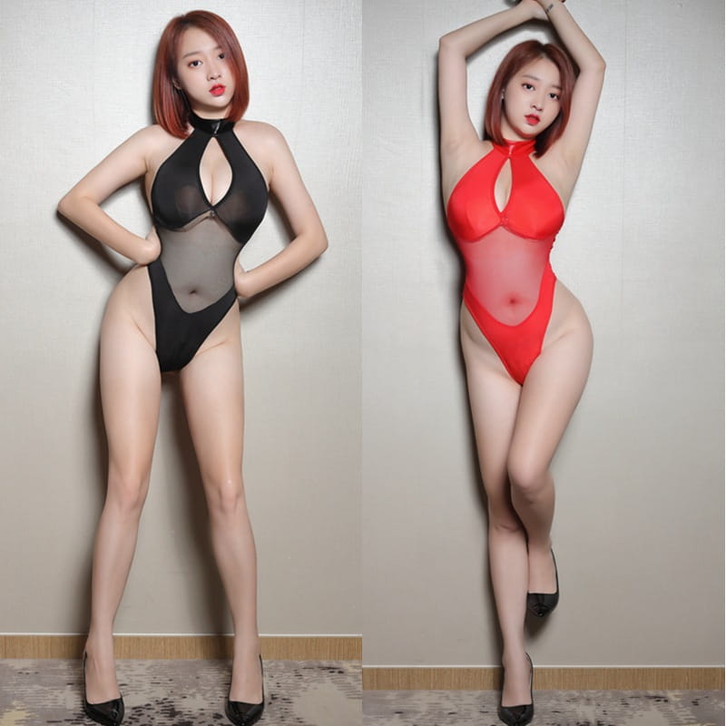 Black and red sheer mesh high fork thong bodysuit featuring high necklines and cutouts in a fork thong bodysuit design.