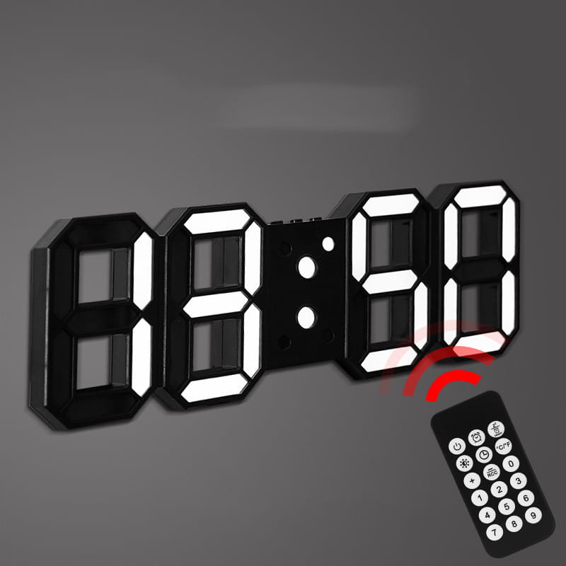 black led digital wall clock with illuminated white numerals and a matching remote control black for easy time adjustment and wall mounting.