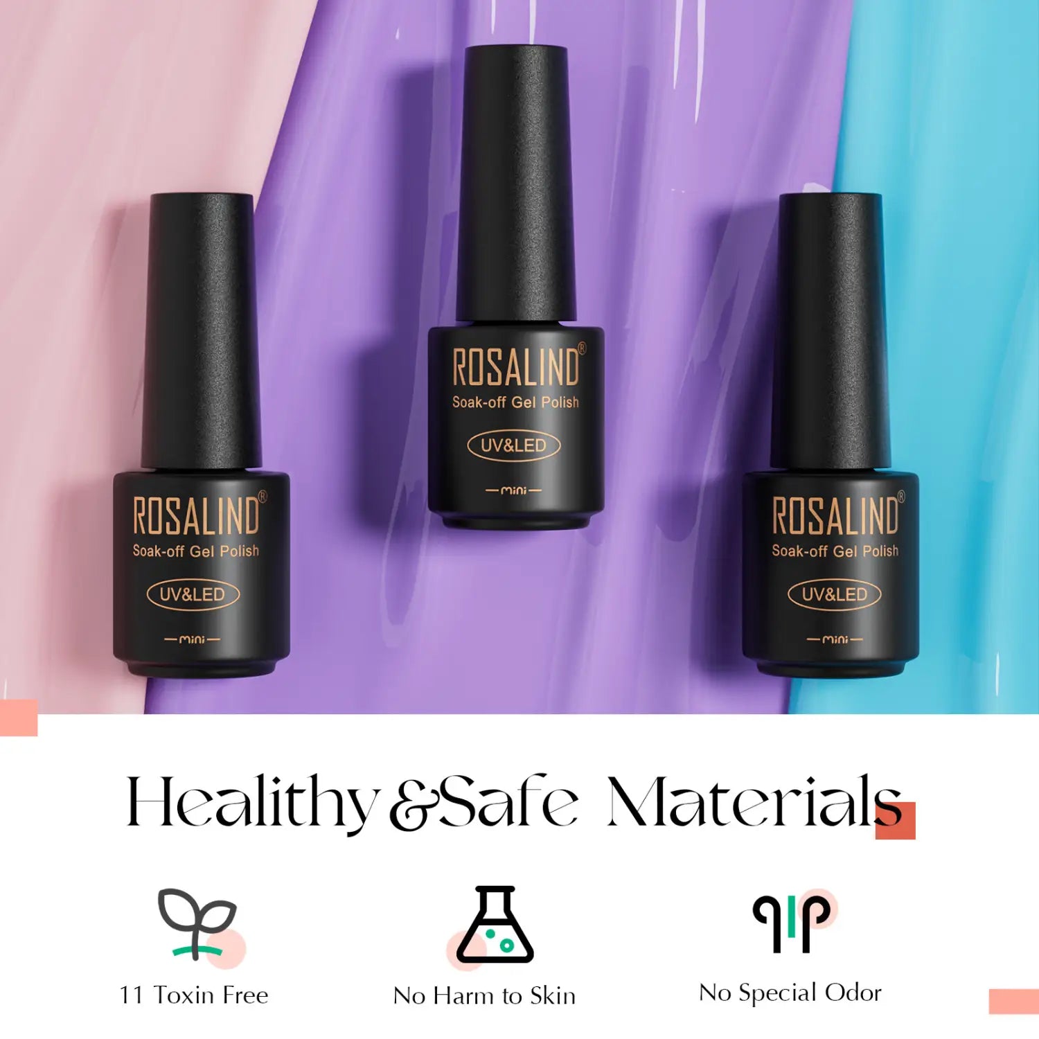 three black rosalind soak-off gel polish bottles with gold lettering labeled uv and led mini included in a 38 piece gel polish set with 35 colors and glossy finish