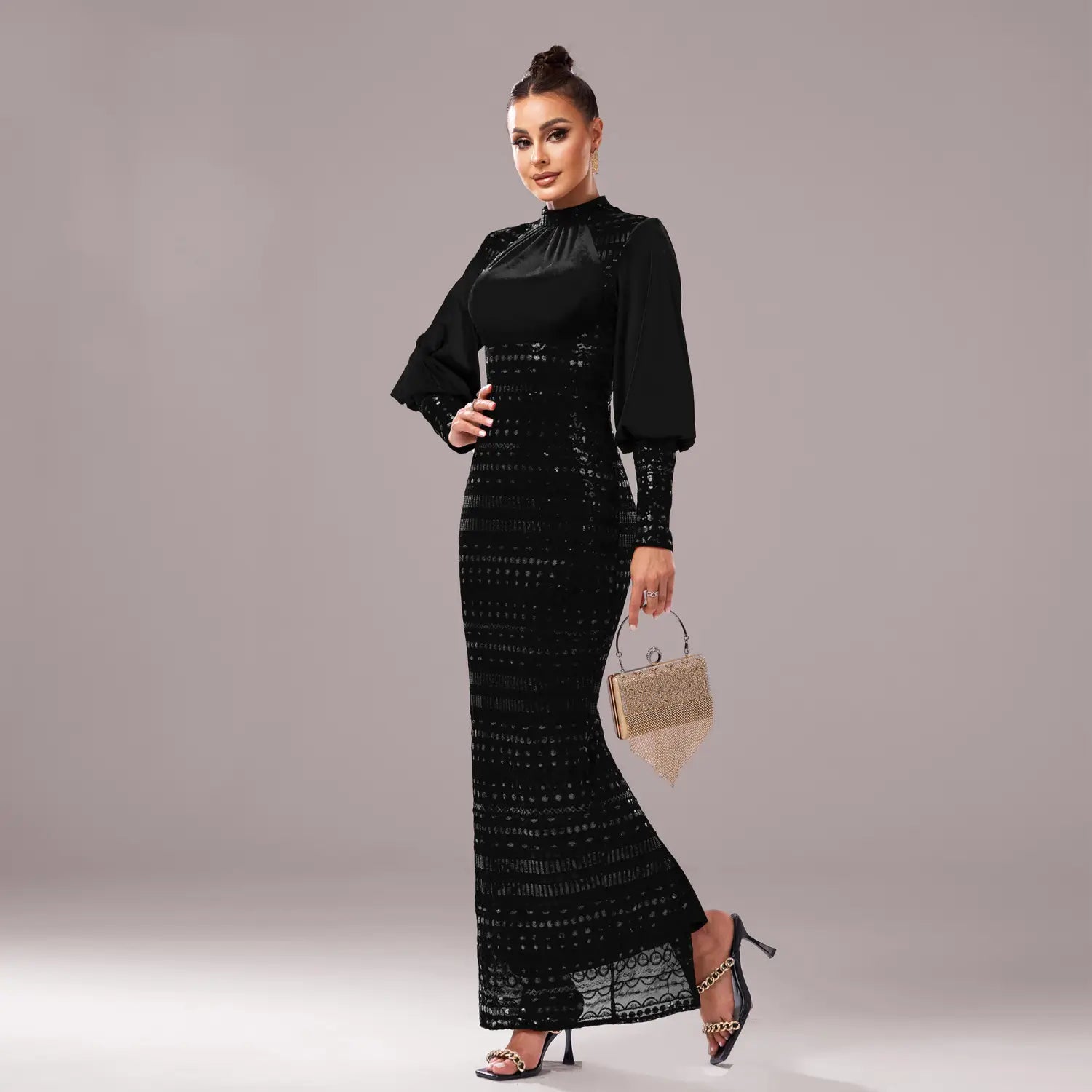 black lace long sleeve round neck sequined maxi dress featuring a high neckline and elegant lace detailing suitable for evening wear