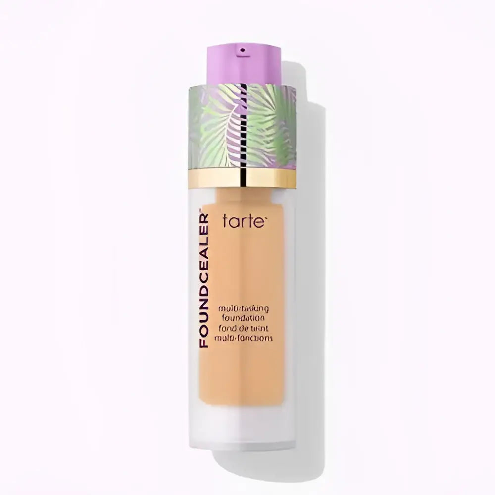 Tarte babassu foundcealer skincare foundation spf 20 in clear glass bottle with purple cap and tropical leaf band