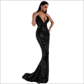 Elegant striped black sequined backless dress with halter straps in luxury women’s fashion mermaid gown style