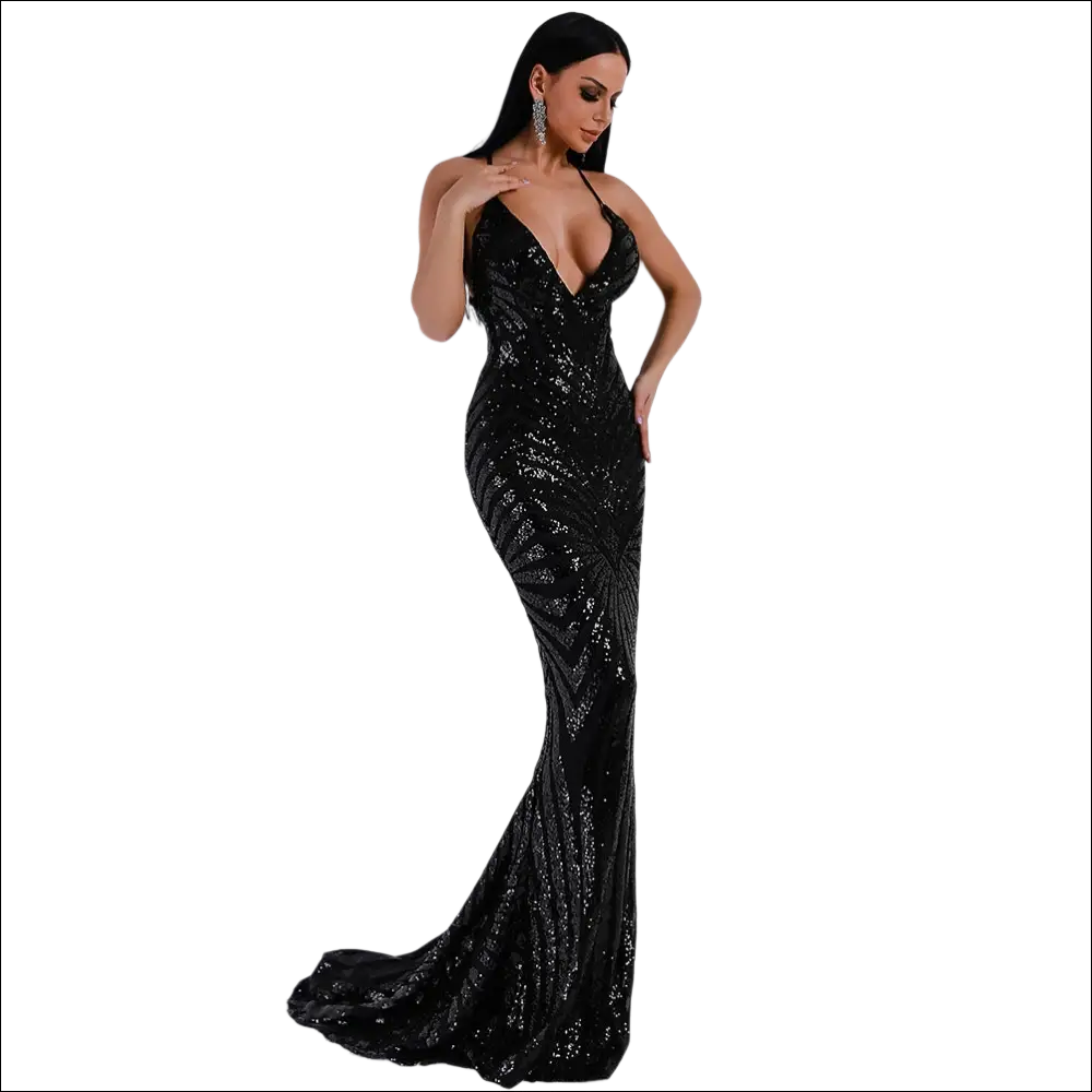Elegant striped black sequined backless dress with halter straps in luxury women’s fashion mermaid gown style