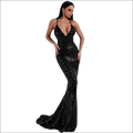 Elegant striped backless dress luxury women’s fashion black sequined mermaid gown with deep v-neckline and spaghetti straps