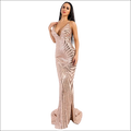 Elegant striped backless dress shimmering rose gold sequined mermaid gown with deep v-neckline and side slit for luxury women’s fashion