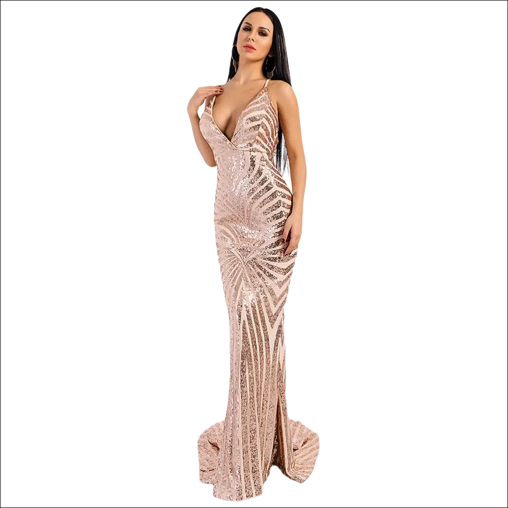 Elegant striped backless dress featuring a shimmering rose gold sequined mermaid gown with deep v-neckline and side slit