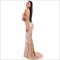 An elegant striped backless dress in rose gold sequined mermaid gown with fitted bodice and flowing train for luxury women’s fashion