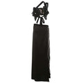 Black backless sequined lace split skirt suit with halter neck lace bodice and silver thread trim on flowing skirt