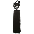 Black backless sequined lace split skirt suit with halter neck lace bodice and silver thread trim on flowing skirt