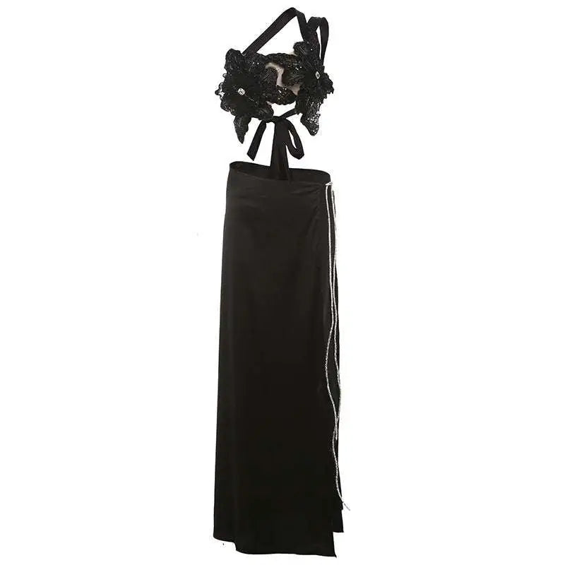Black backless sequined lace split skirt suit with halter neck lace bodice and silver thread trim on flowing skirt
