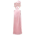Delicate lavender satin backless sequined lace split skirt suit with floral bodice and silver chain side slit detailing