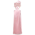 Delicate lavender satin backless sequined lace split skirt suit with floral bodice and silver chain side slit detailing