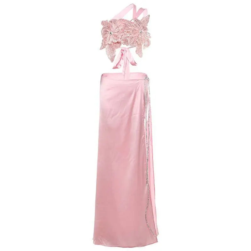 Delicate lavender satin backless sequined lace split skirt suit with floral bodice and silver chain side slit detailing