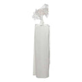 White satin backless sequined lace split skirt suit with delicate lace and beaded floral headpiece at neckline