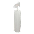 White satin backless sequined lace split skirt suit with delicate lace and beaded floral headpiece at neckline