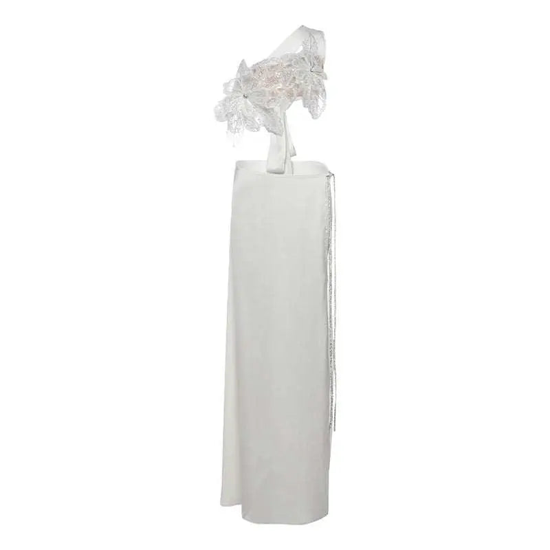 White satin backless sequined lace split skirt suit with delicate lace and beaded floral headpiece at neckline