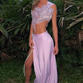 Lavender satin backless sequined lace split skirt suit featuring a sheer beaded floral bodice and pearl-trimmed high slit