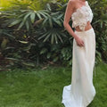 White one-shoulder backless sequined lace split skirt suit with beaded floral bodice and flowing lavender satin skirt