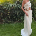 White one-shoulder backless sequined lace split skirt suit with beaded floral bodice and flowing lavender satin skirt