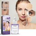 A clear glass bottle with purple bakuchiol collagen anti-aging serum and white dropper cap for firming skin care