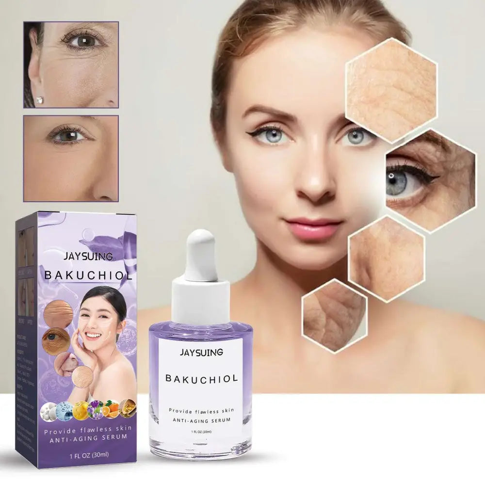 A clear glass bottle with purple bakuchiol collagen anti-aging serum and white dropper cap for firming skin care