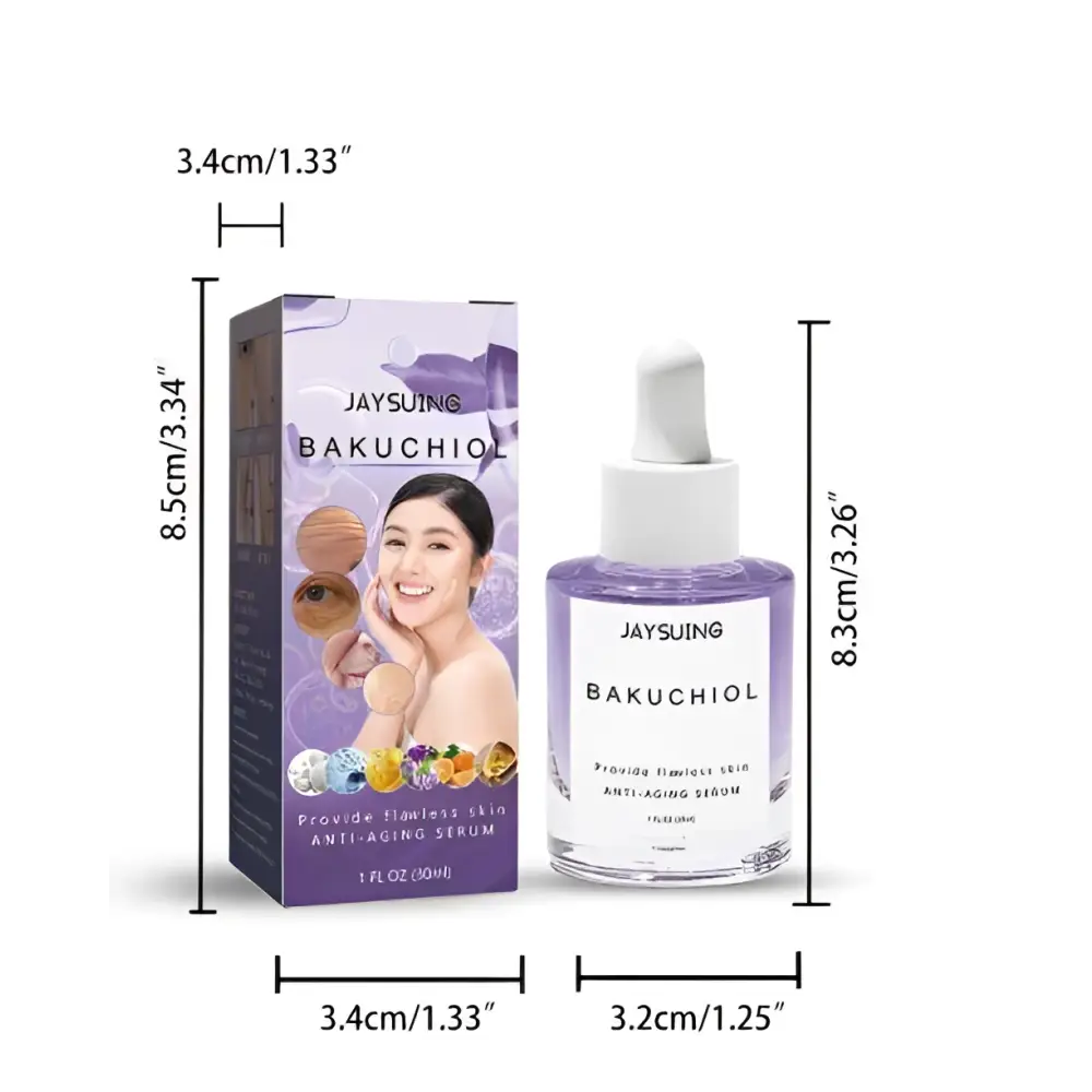 Purple glass bottle with white dropper cap labeled jaysuing bakuchiol collagen anti-aging firming skin care serum