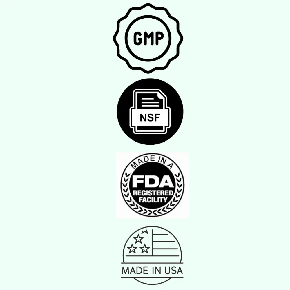 Black and white certification seals including gmp nsf fda registered facility and made in usa on balance women’s multivitamins to support immune function with nettle root