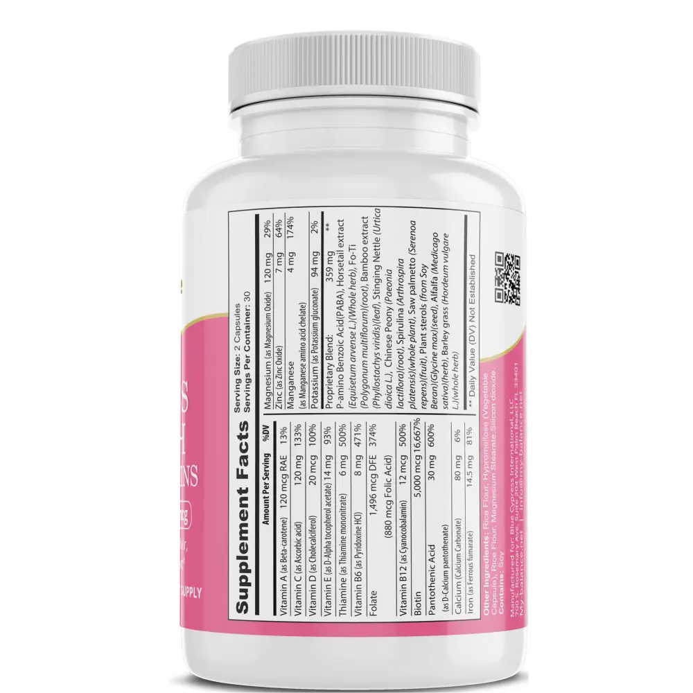 A white plastic bottle with a pink label and gold leaf logo of balance women’s multivitamins for immune function