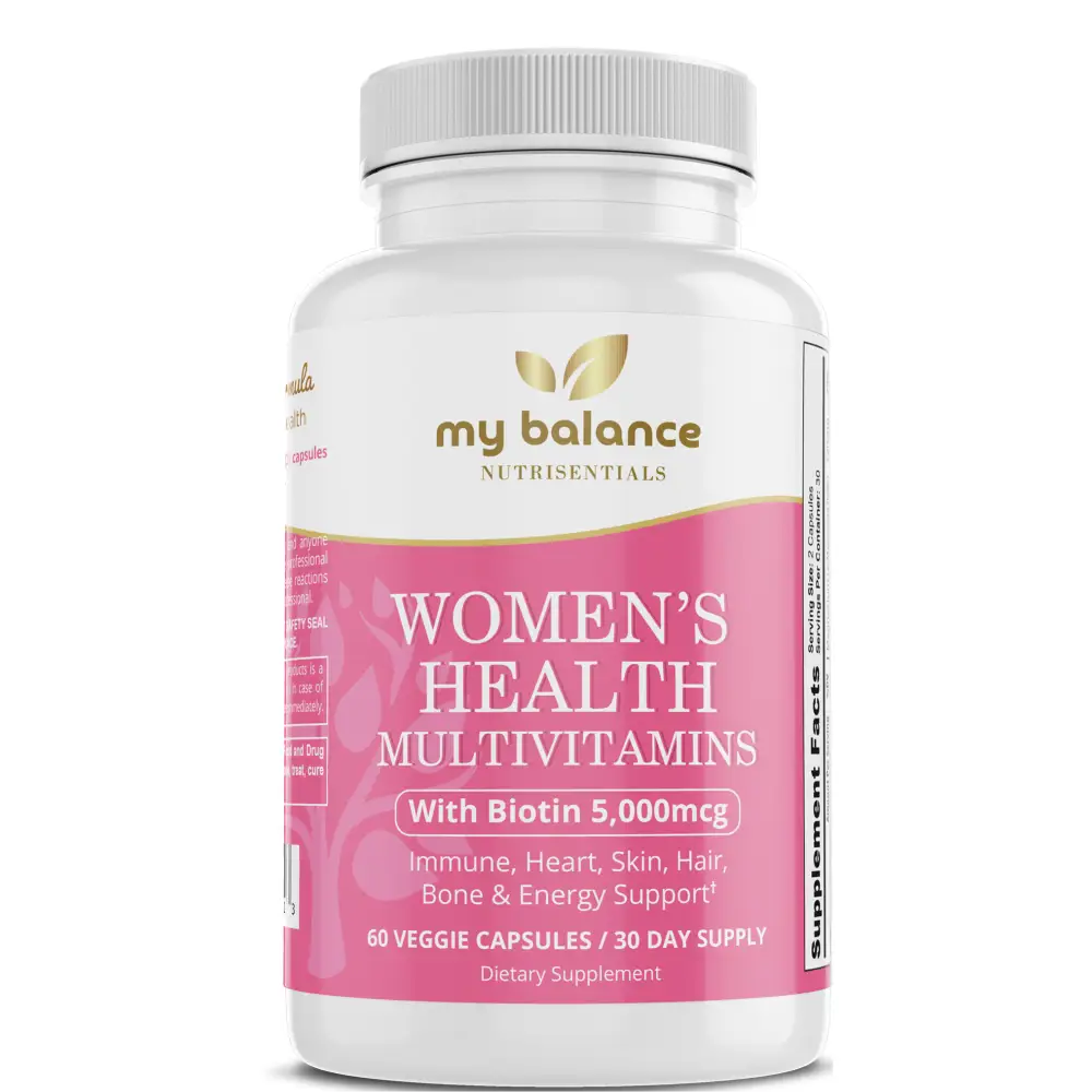 A white plastic bottle with a pink label and gold leaf logo of balance women’s multivitamins for immune function