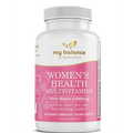 A white plastic bottle with a pink label and gold leaf logo of balance women’s multivitamins for immune function