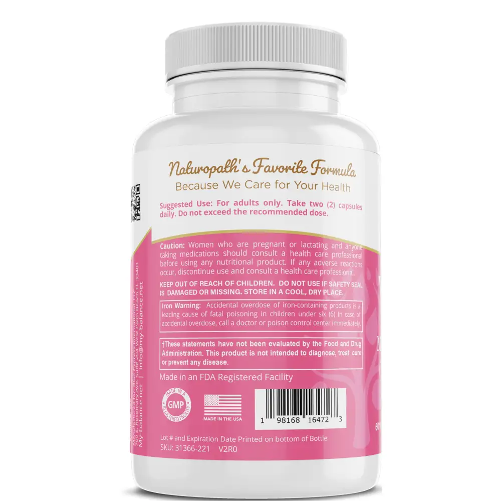 White plastic bottle with silver cap and pink label of balance women’s multivitamins supporting immune function with nettle root