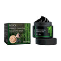 Black bamboo charcoal cleansing peel-off mask in sleek jar with green bamboo labeling and matching box for blackhead removal