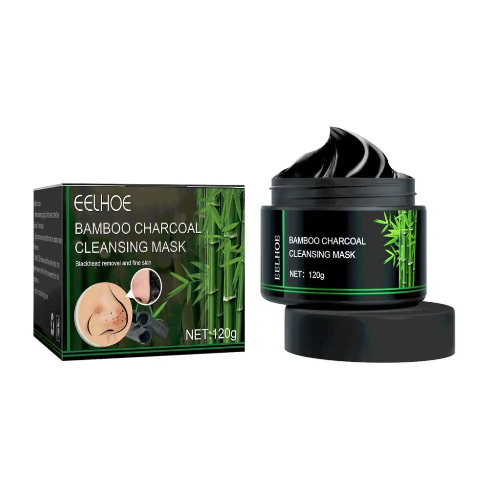 Black bamboo charcoal cleansing peel-off mask in sleek jar with green bamboo labeling and matching box for blackhead removal