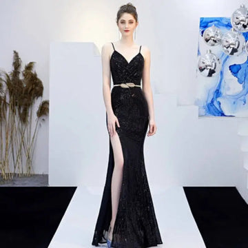 Elegant black sequined mermaid gown with high slit and gold belt for banquet elegant annual meeting events